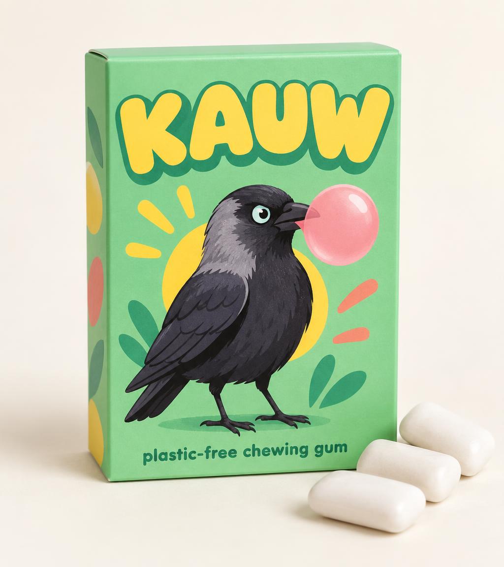 Concept packaging for Kauw with a jackdaw mascot blowing a bubble